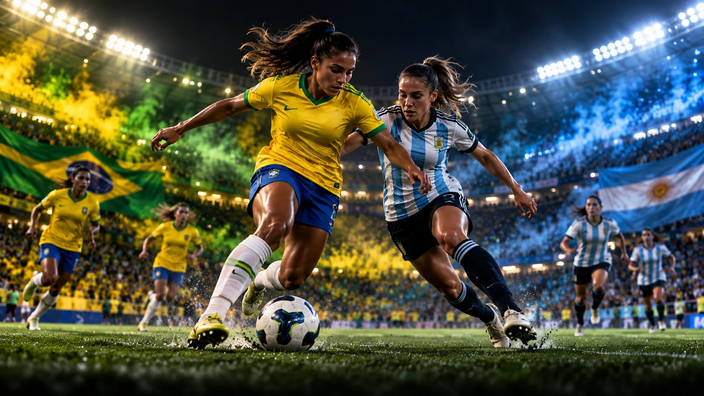 Ilustración estilizada de Argentina vs Brasil femenino en Porto Alegre