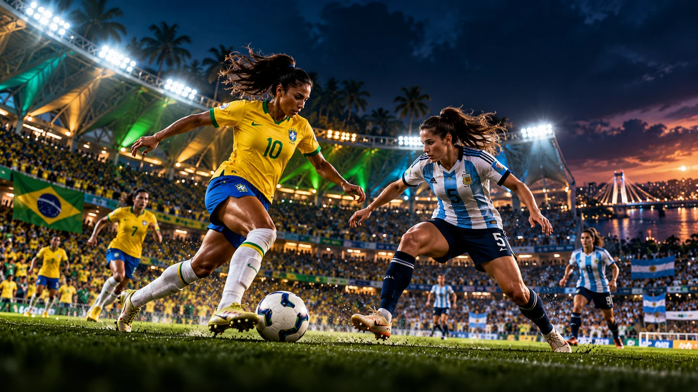 Ilustración estilizada de Argentina vs Brasil femenino en Recife