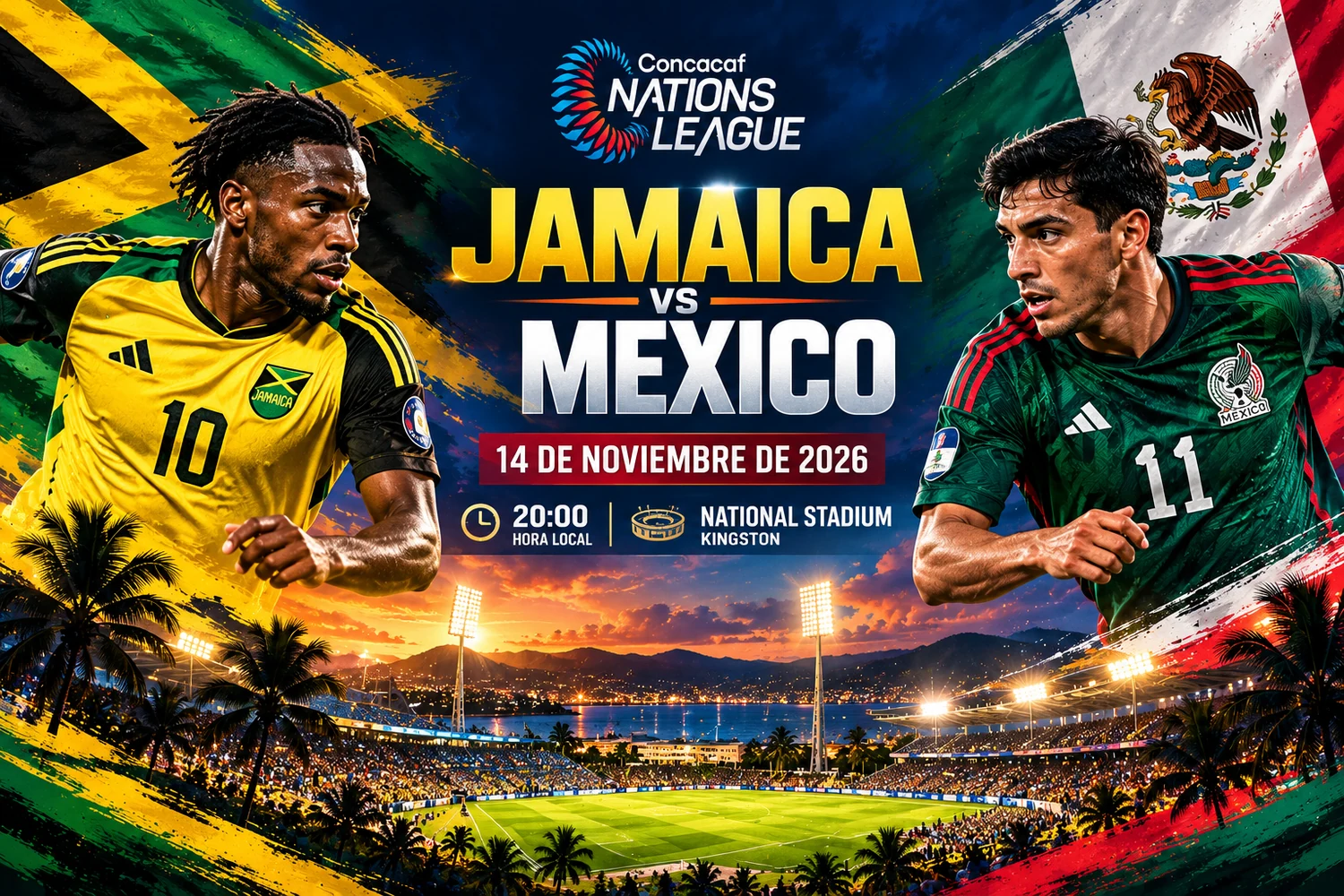 Ilustración estilizada de México vs Jamaica en los Cuartos de Final de Nations League en Monterrey