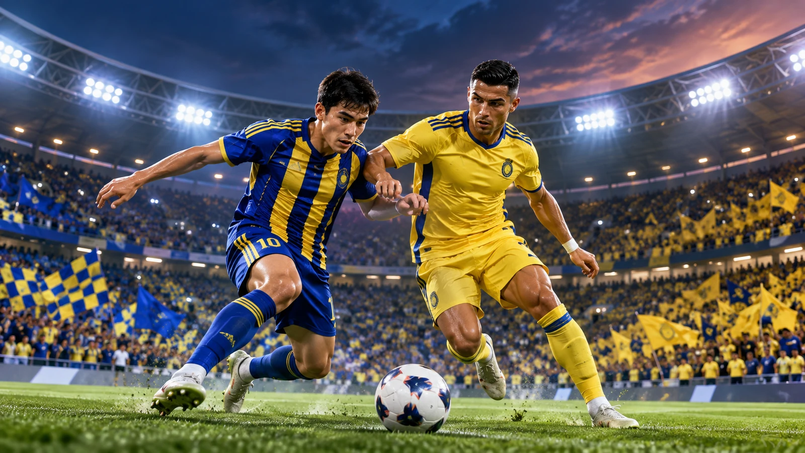 Paxtakor va Al Nassr futbolchilari tungi stadionda to‘p uchun kurashmoqda — badiiy tasvir